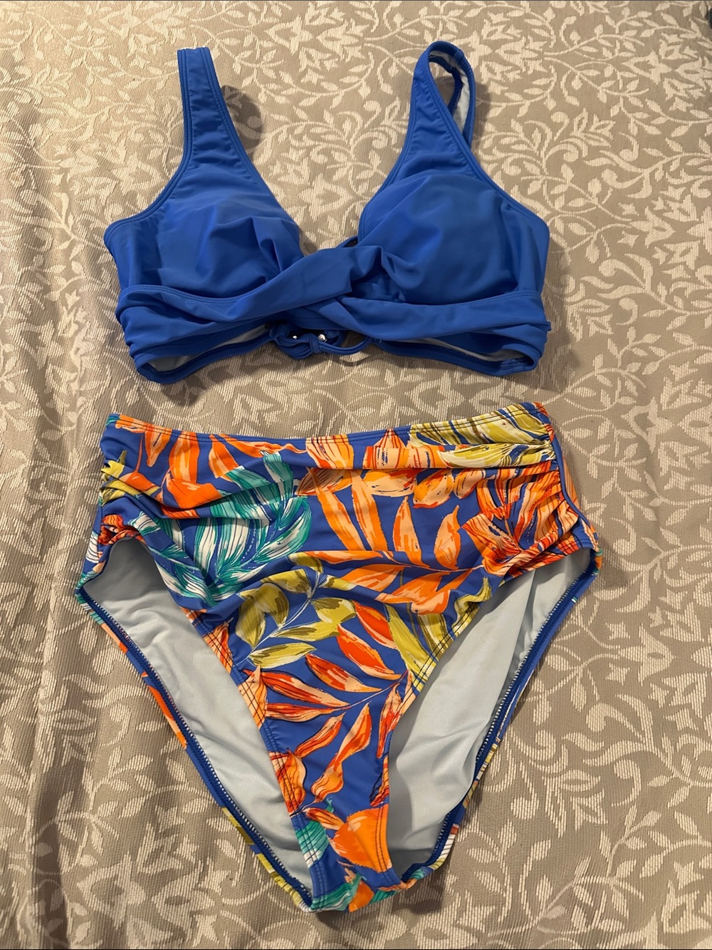 Cupshe Blue Twist Bikini Top with Tropical High-Waist Bottom M